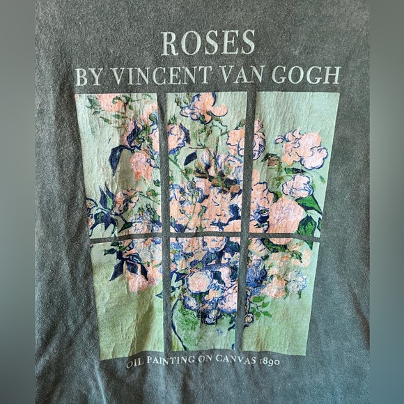 Vincent Van Gogh Roses Graphic T-Shirt IML Green Artsy Boxy Oversized Artist - Picture 2 of 6